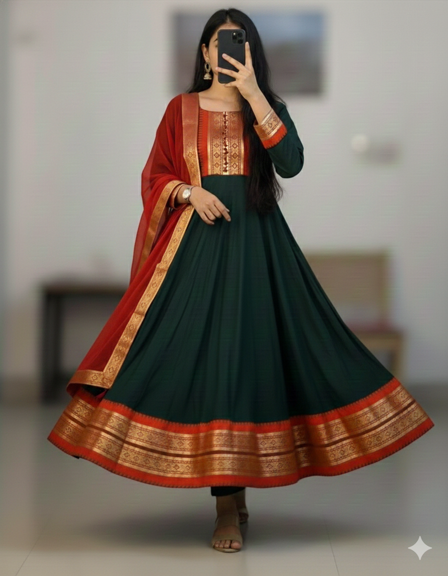 Cotton Blend Gown with Jacquard Work & Georgette Dupatta