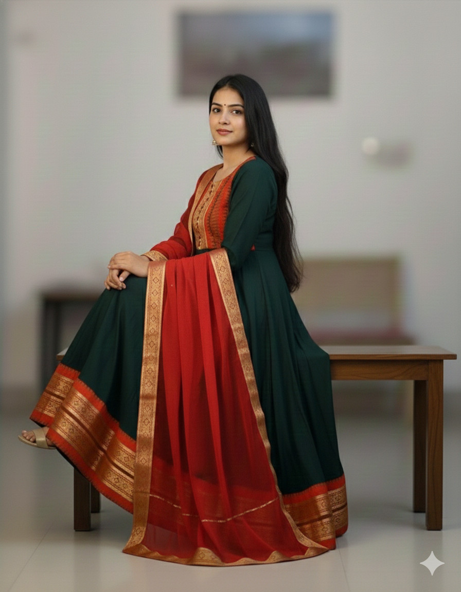 Cotton Blend Gown with Jacquard Work & Georgette Dupatta