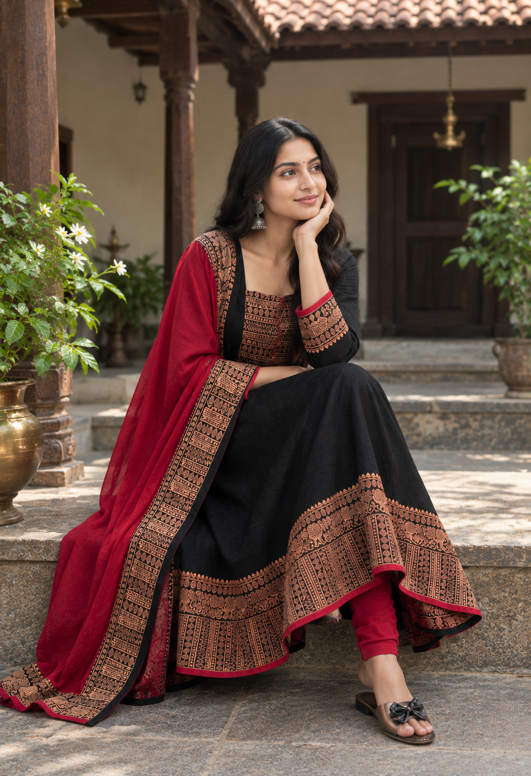 Black and Red Gown with Dupatta Set