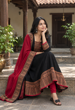 Black and Red Gown with Dupatta Set