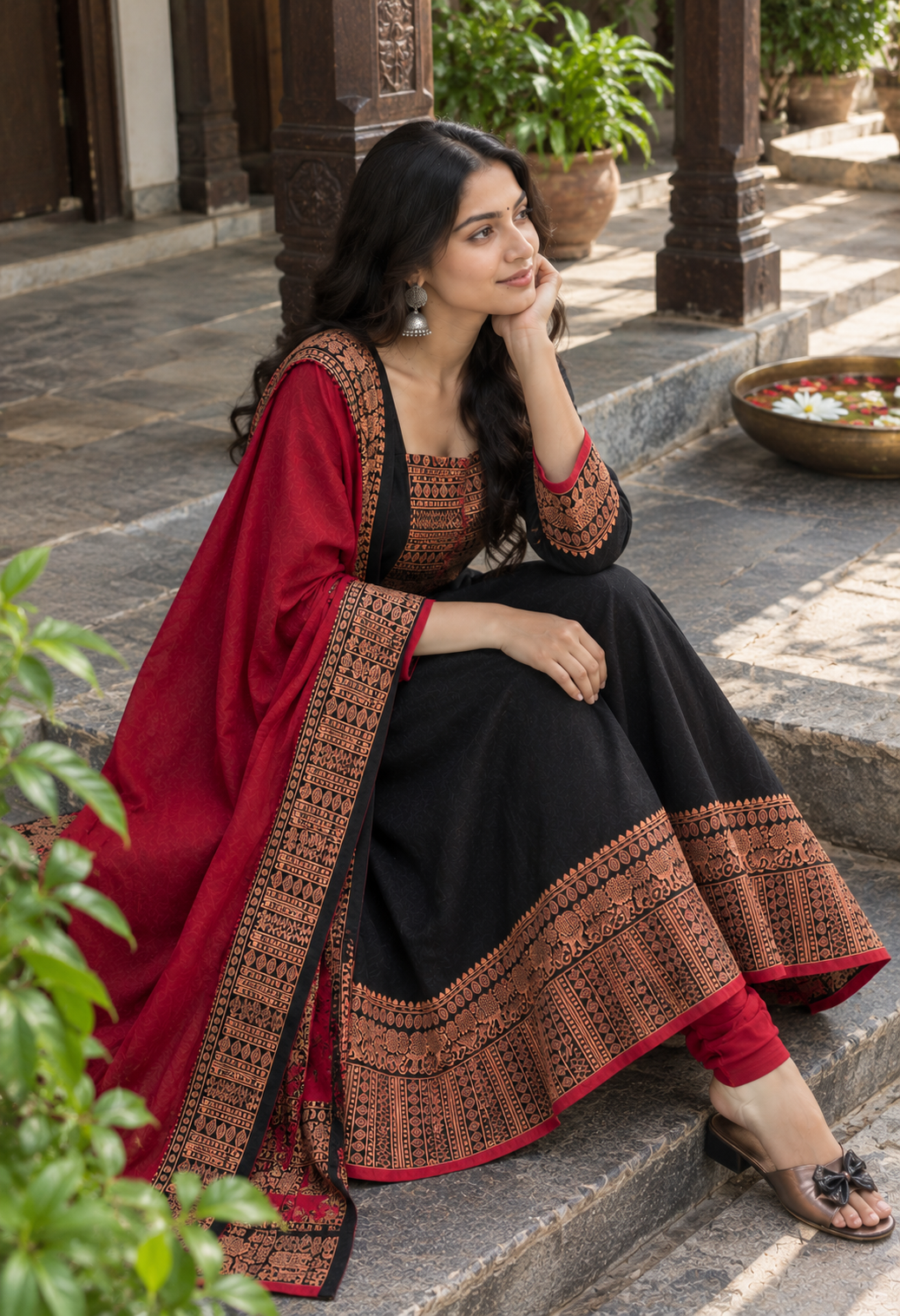 Black and Red Gown with Dupatta Set