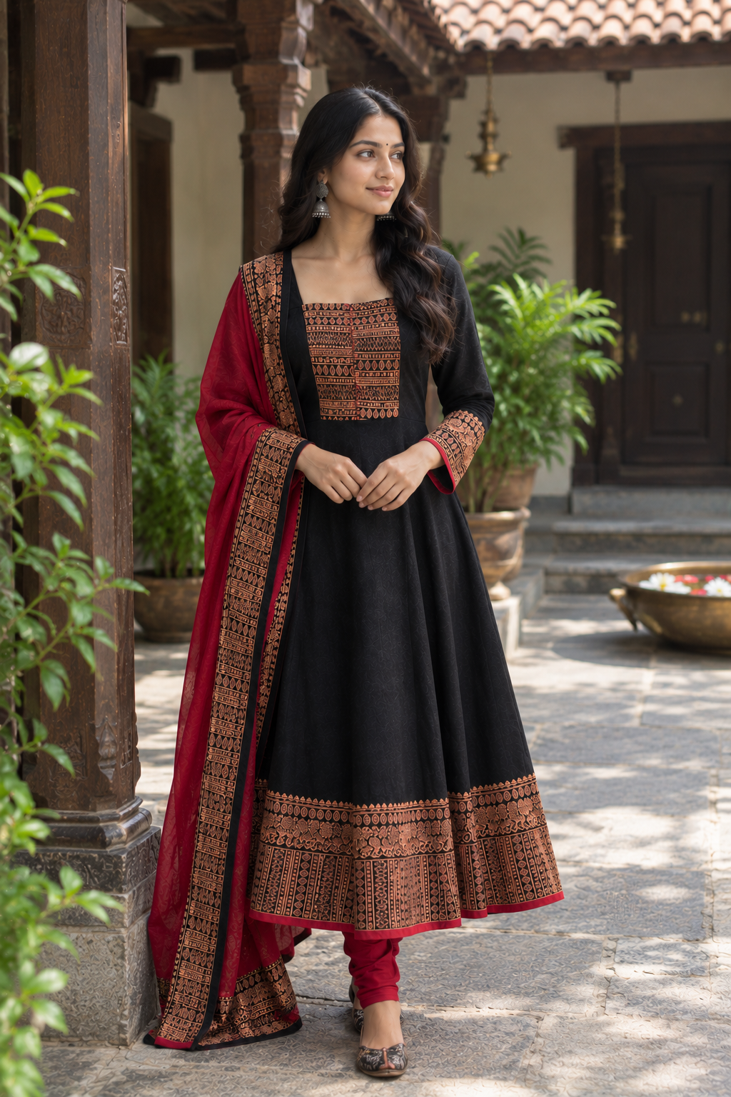 Black and Red Gown with Dupatta Set