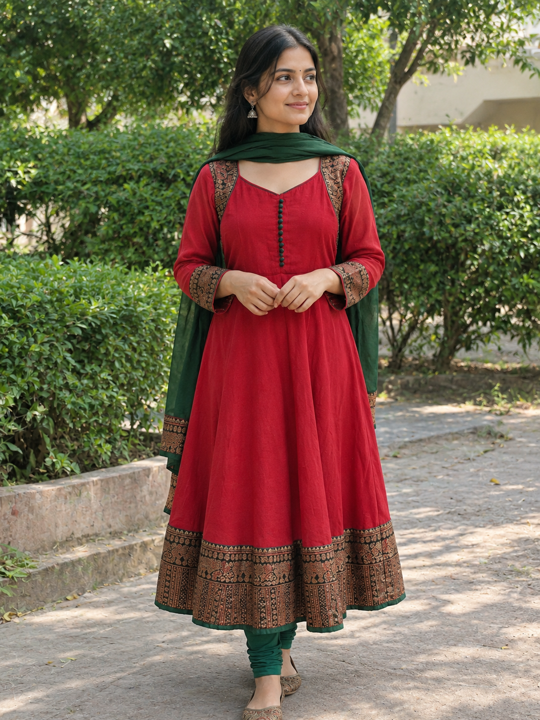 Elegant Maroon Georgette Anarkali Kurti with Green Dupatta