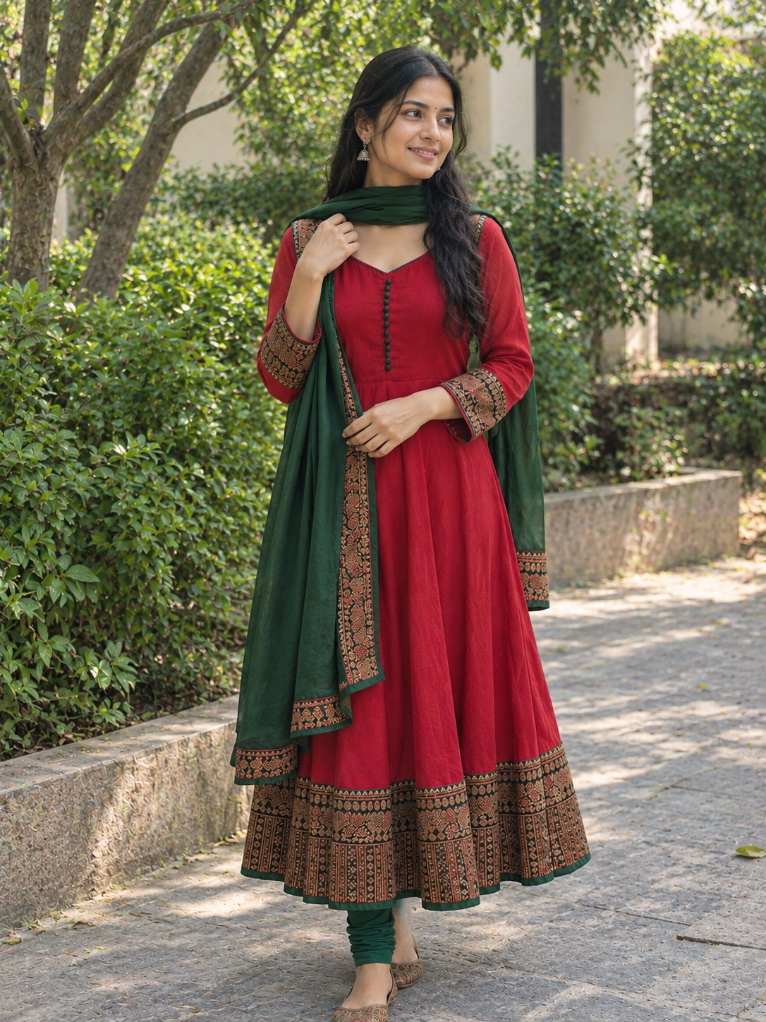 Elegant Maroon Georgette Anarkali Kurti with Green Dupatta