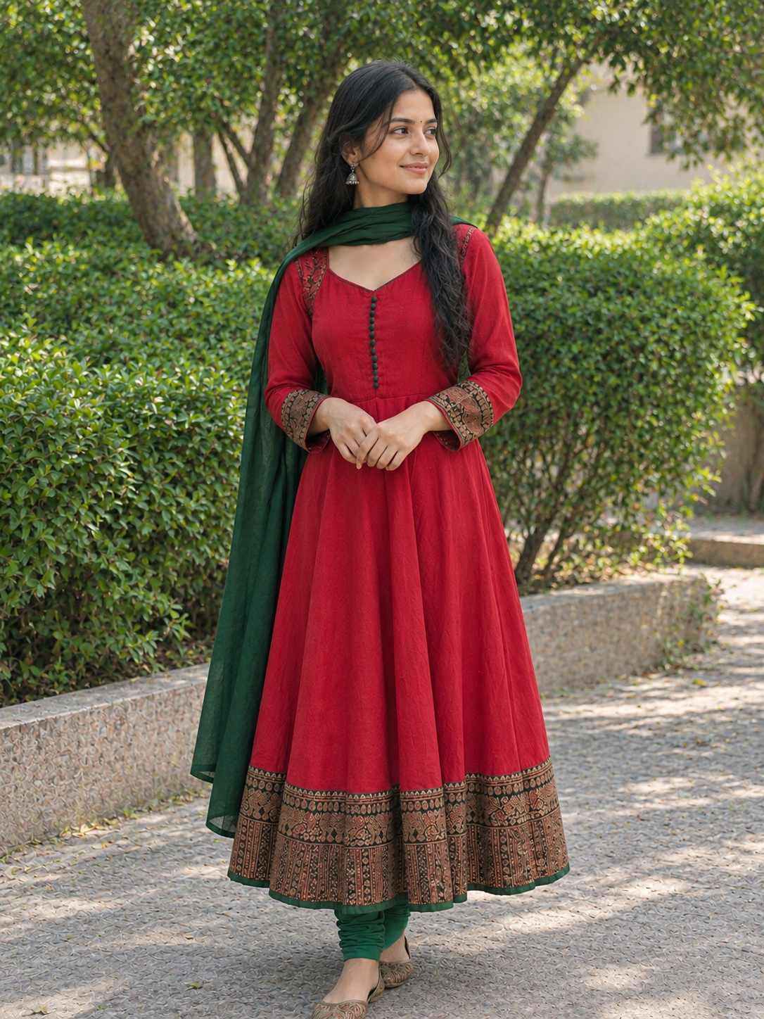 Elegant Maroon Georgette Anarkali Kurti with Green Dupatta