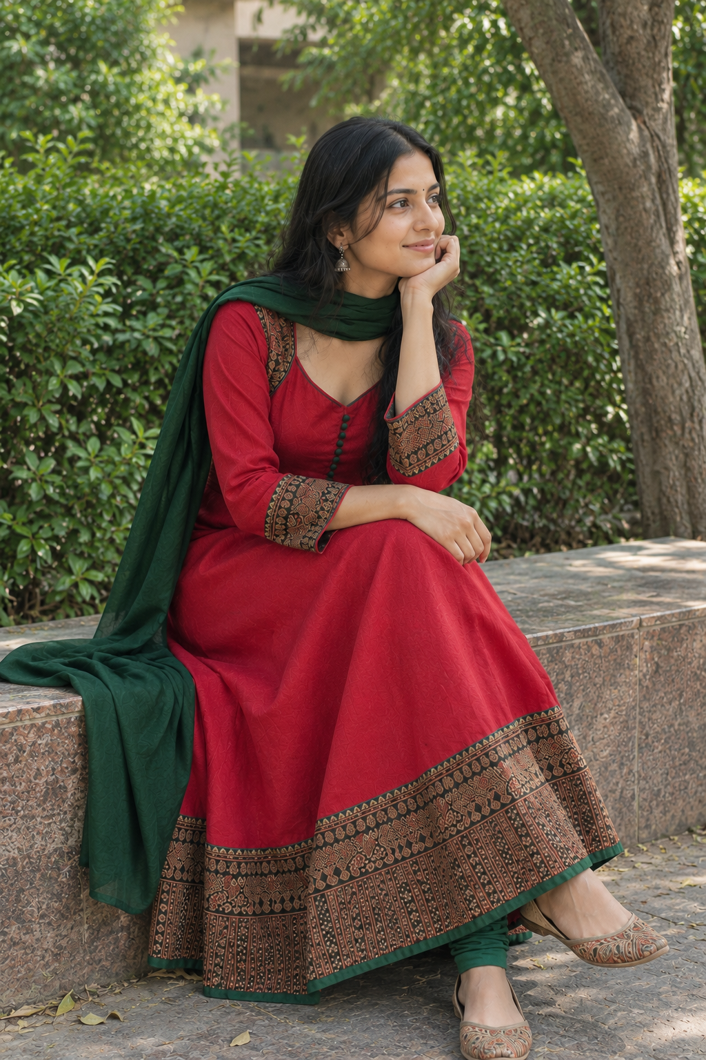 Elegant Maroon Georgette Anarkali Kurti with Green Dupatta