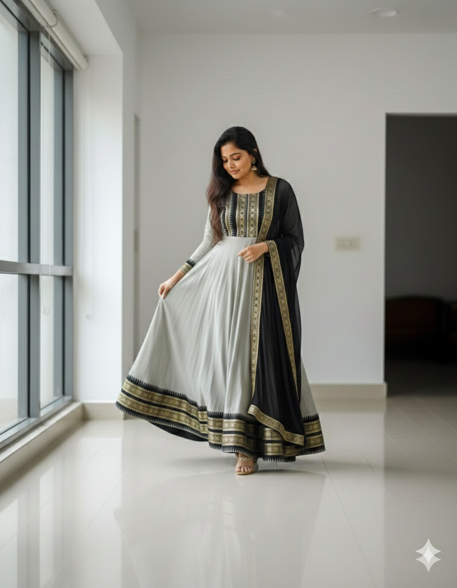 Cotton Blend Gown with Jacquard Work & Georgette Dupatta