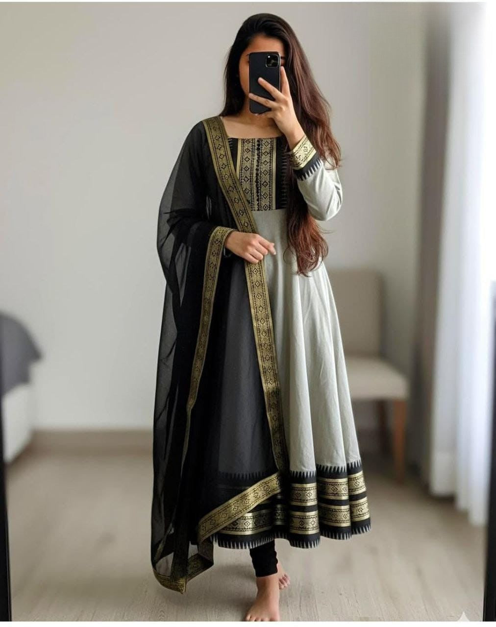 Cotton Blend Gown with Jacquard Work & Georgette Dupatta