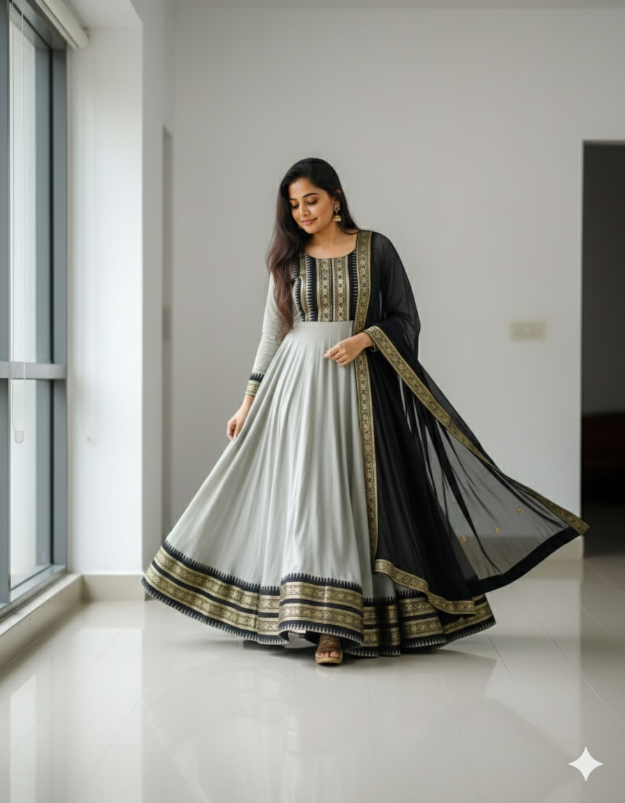 Cotton Blend Gown with Jacquard Work & Georgette Dupatta