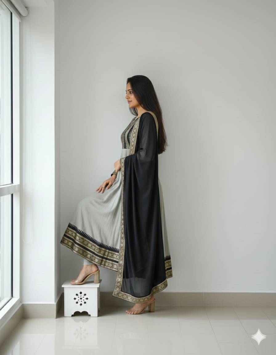 Cotton Blend Gown with Jacquard Work & Georgette Dupatta