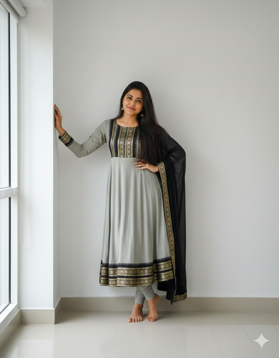 Cotton Blend Gown with Jacquard Work & Georgette Dupatta