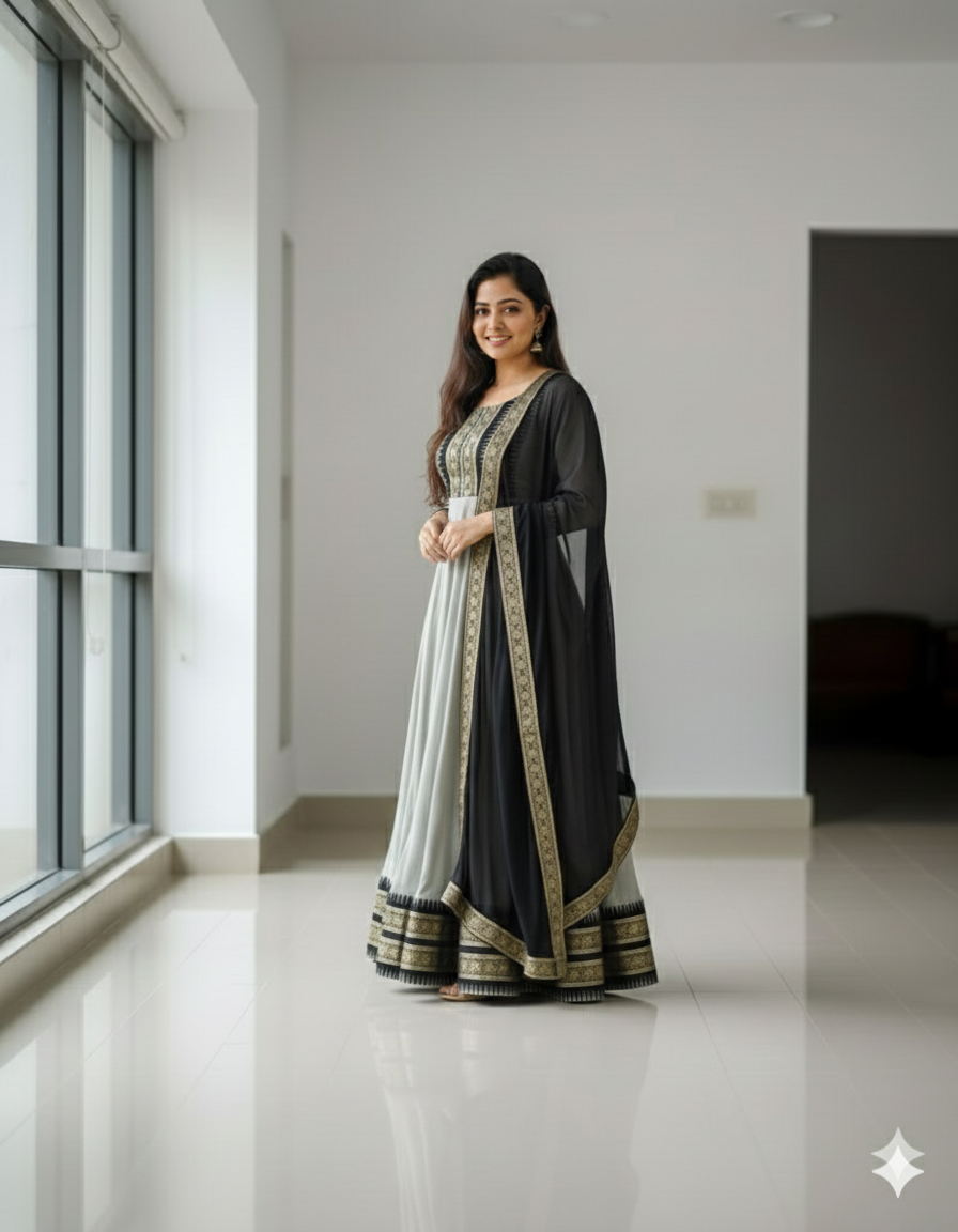 Cotton Blend Gown with Jacquard Work & Georgette Dupatta