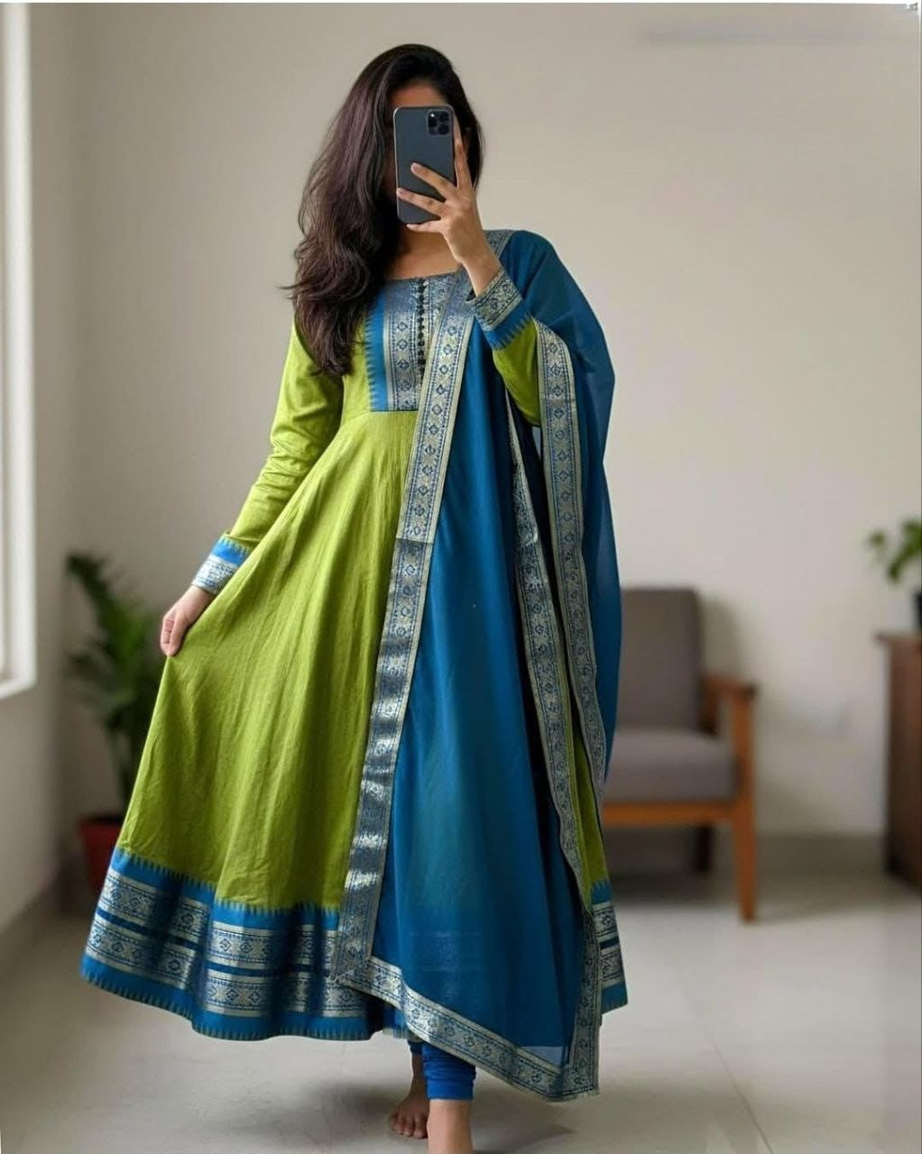 Cotton Blend Gown with Jacquard Work & Georgette Dupatta