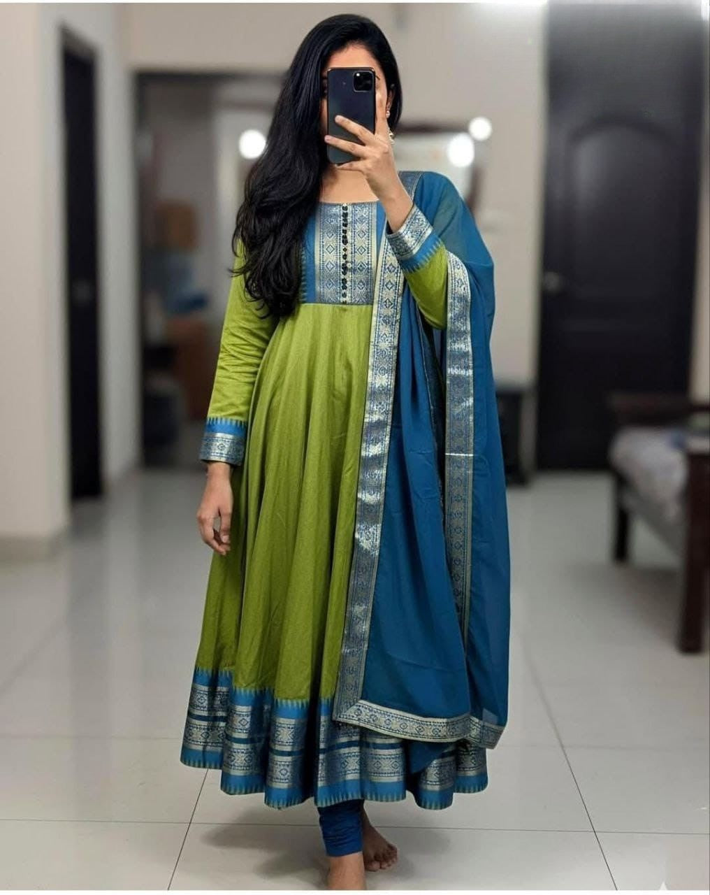 Cotton Blend Gown with Jacquard Work & Georgette Dupatta