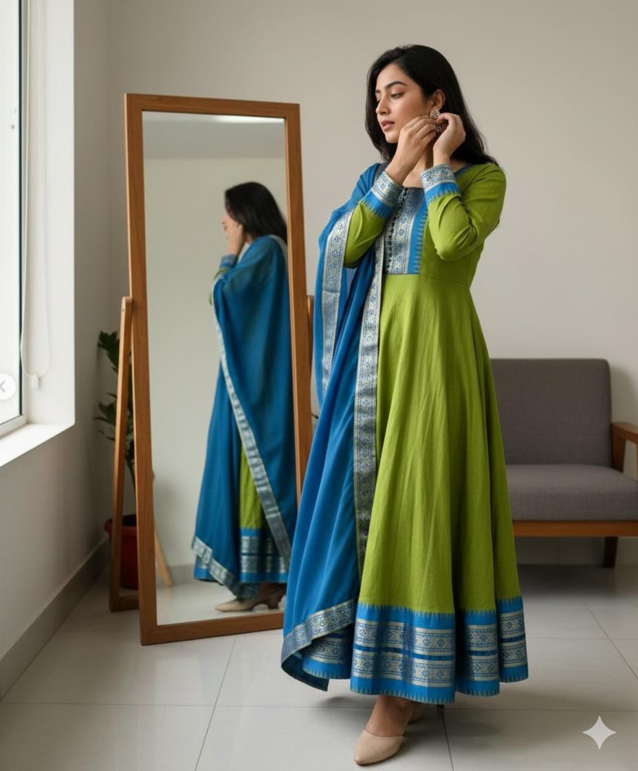 Cotton Blend Gown with Jacquard Work & Georgette Dupatta
