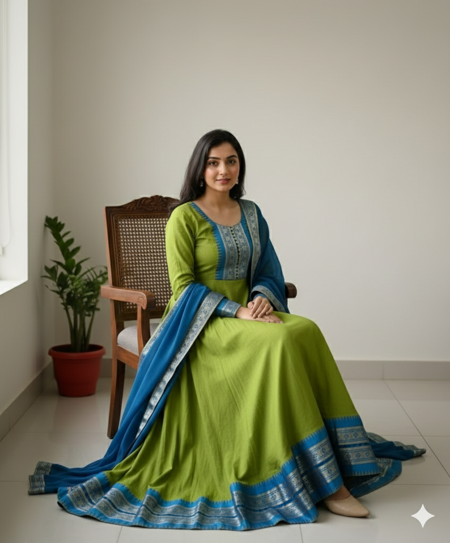 Cotton Blend Gown with Jacquard Work & Georgette Dupatta