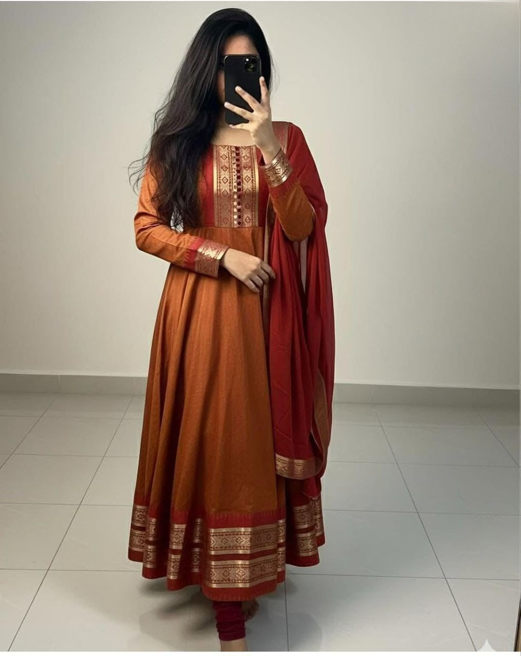 Cotton Blend Gown with Jacquard Work & Georgette Dupatta
