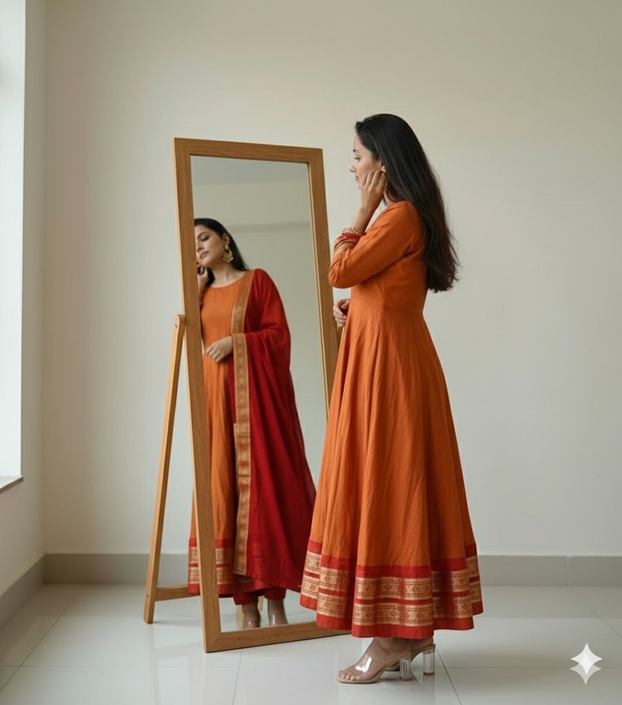 Cotton Blend Gown with Jacquard Work & Georgette Dupatta