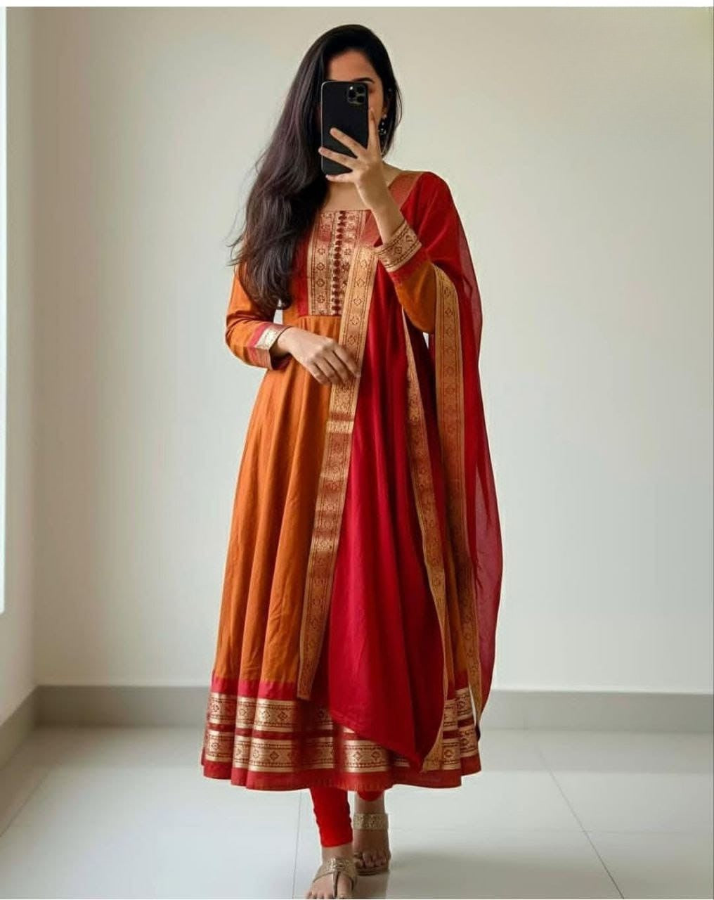 Cotton Blend Gown with Jacquard Work & Georgette Dupatta