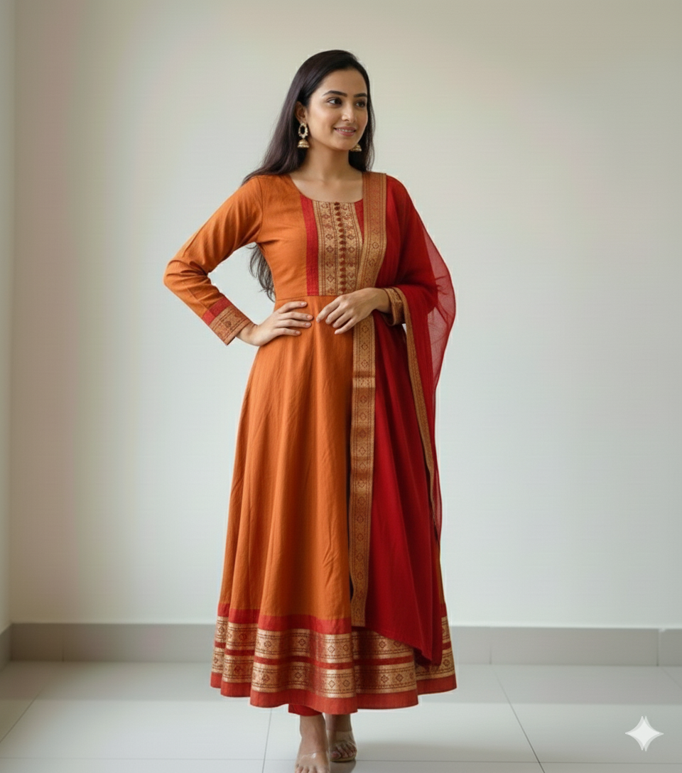 Cotton Blend Gown with Jacquard Work & Georgette Dupatta