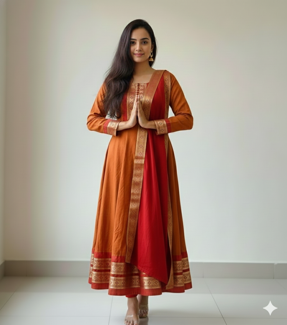 Cotton Blend Gown with Jacquard Work & Georgette Dupatta