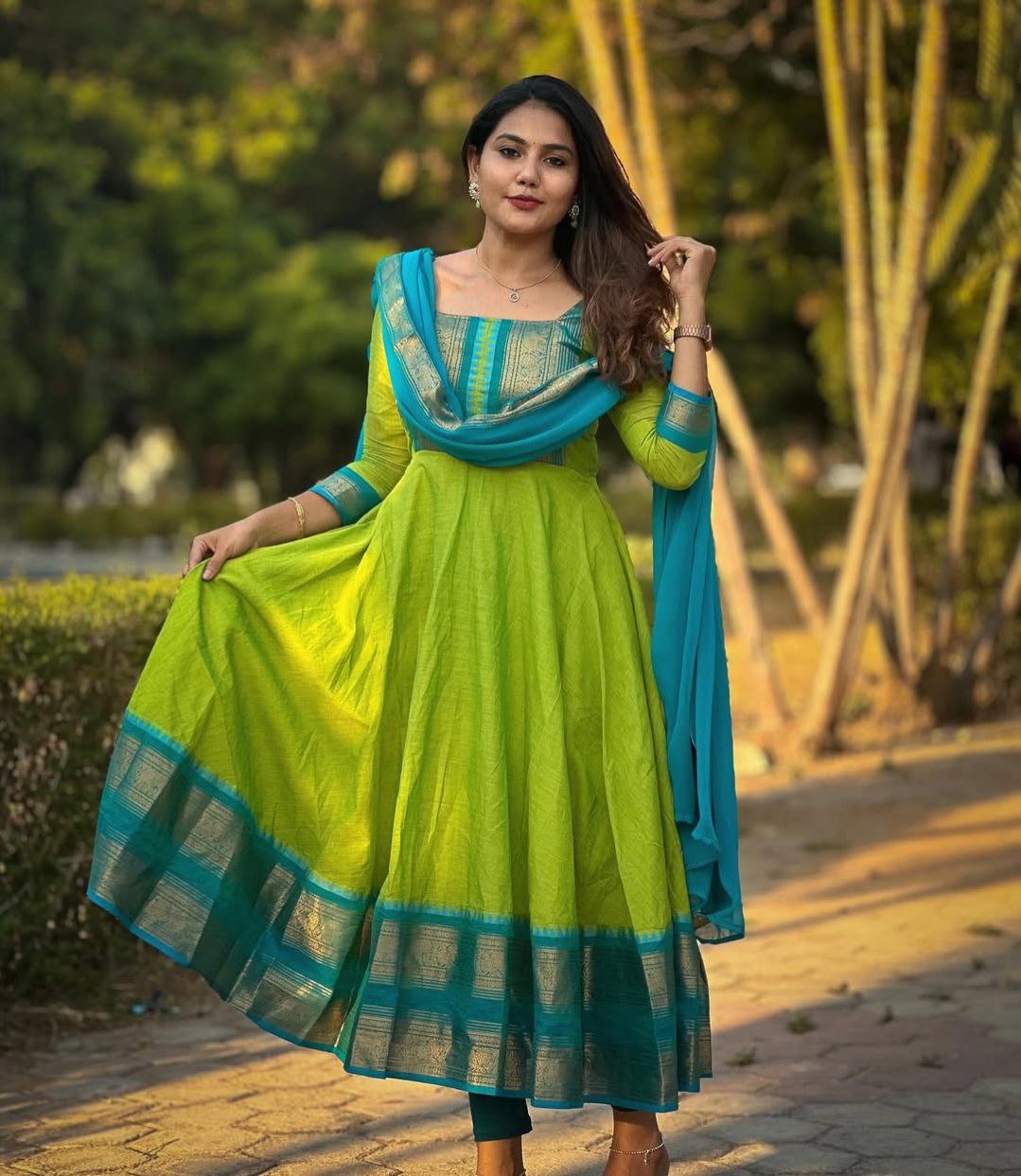 Traditional Anarkali Kurta Set in Cotton Blend with Zari Detailing