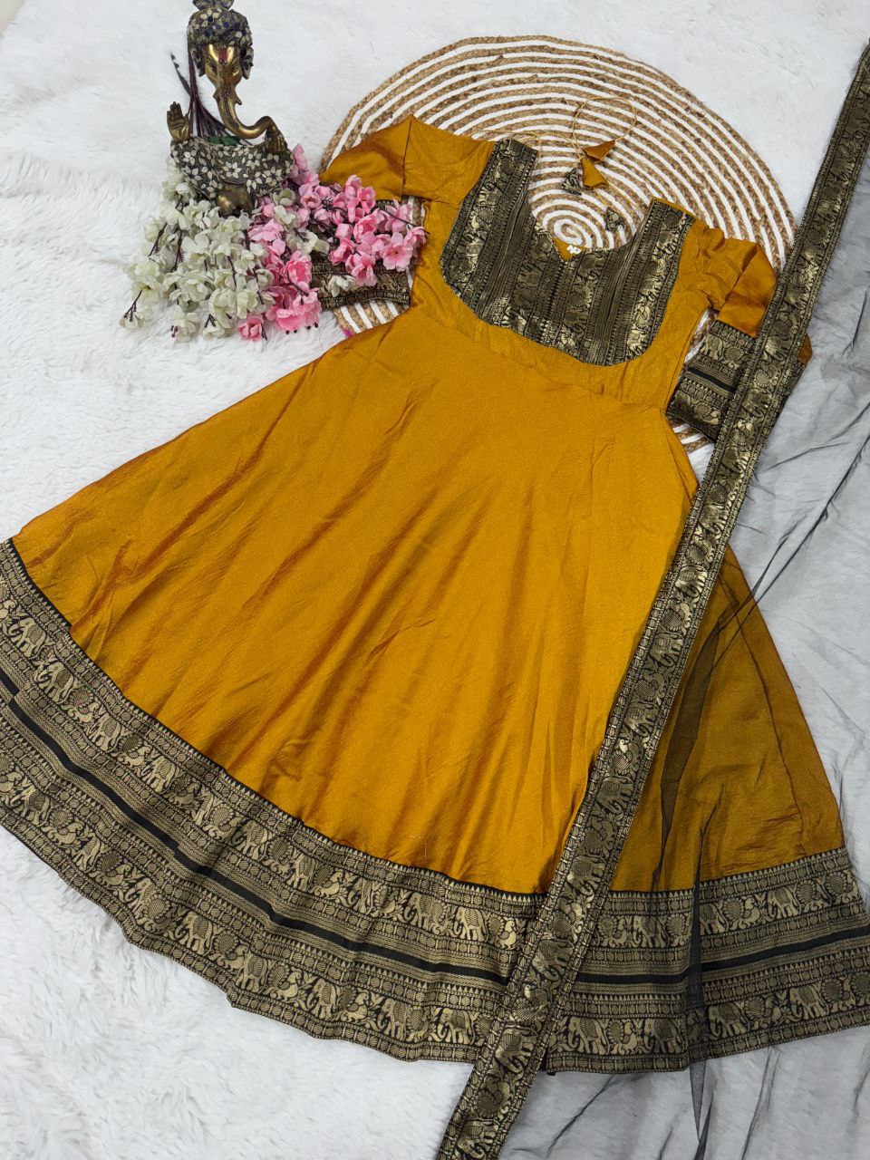 Title Traditional Anarkali Kurta Set in Cotton Blend with Zari Detailing