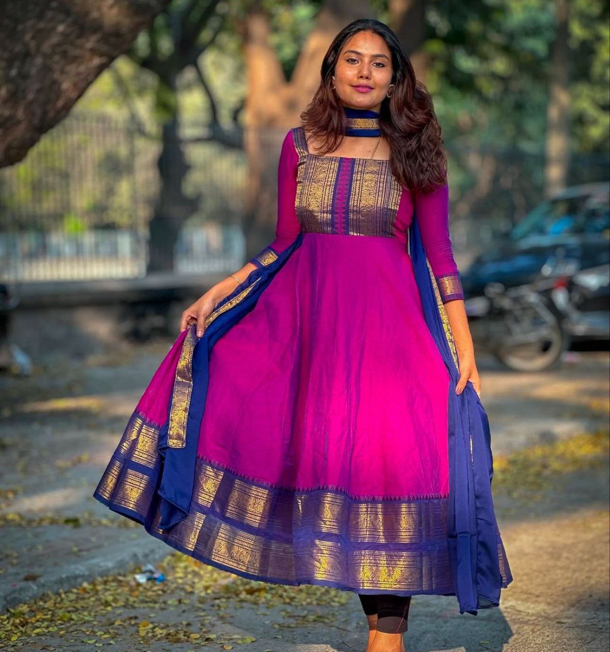 Title Traditional Anarkali Kurta Set in Cotton Blend with Zari Detailing