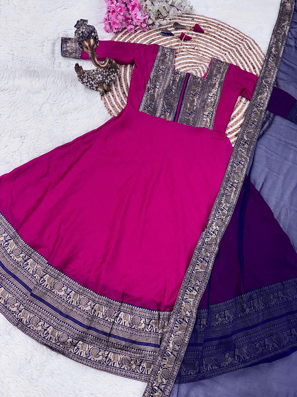 Title Traditional Anarkali Kurta Set in Cotton Blend with Zari Detailing