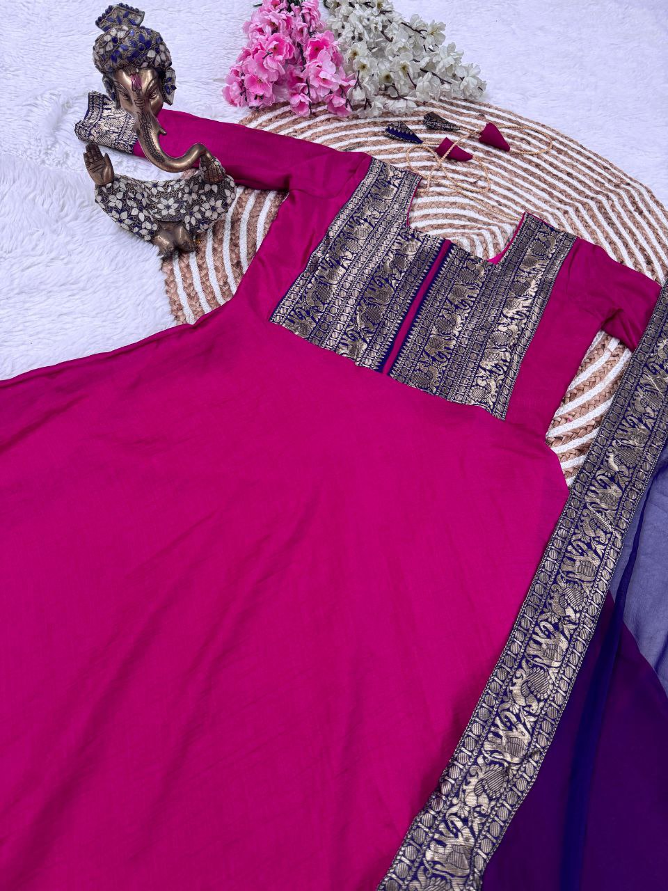 Title Traditional Anarkali Kurta Set in Cotton Blend with Zari Detailing