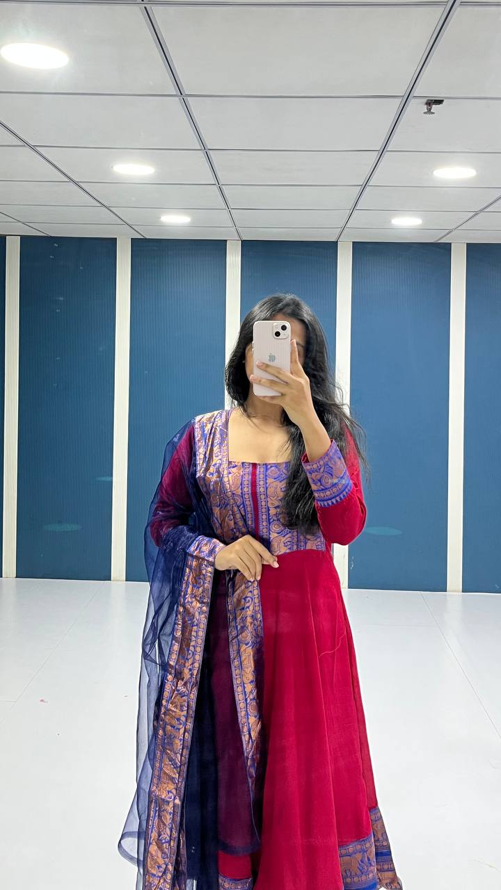 Title Traditional Anarkali Kurta Set in Cotton Blend with Zari Detailing