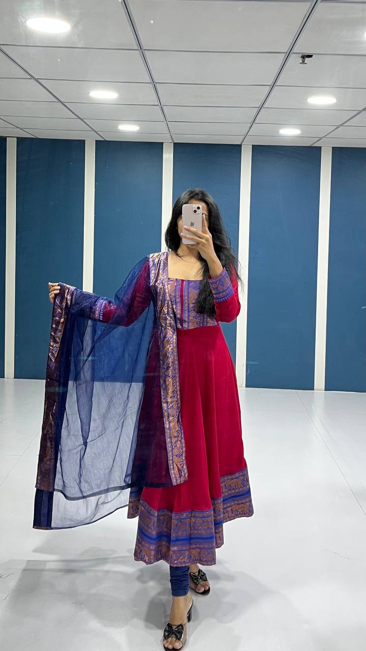 Title Traditional Anarkali Kurta Set in Cotton Blend with Zari Detailing