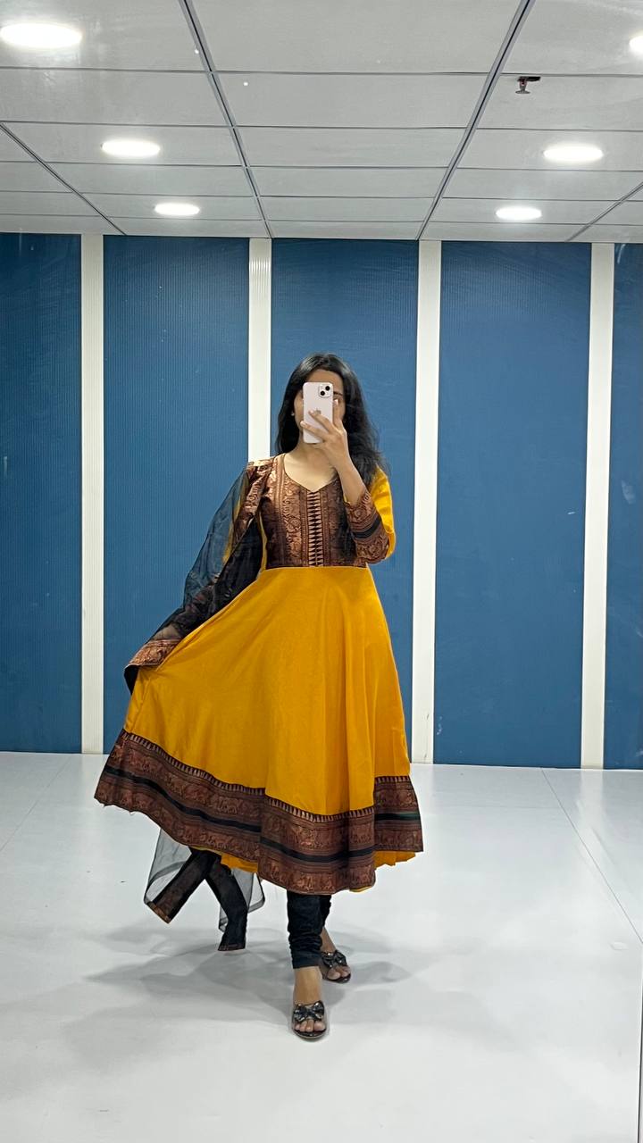 Title Traditional Anarkali Kurta Set in Cotton Blend with Zari Detailing