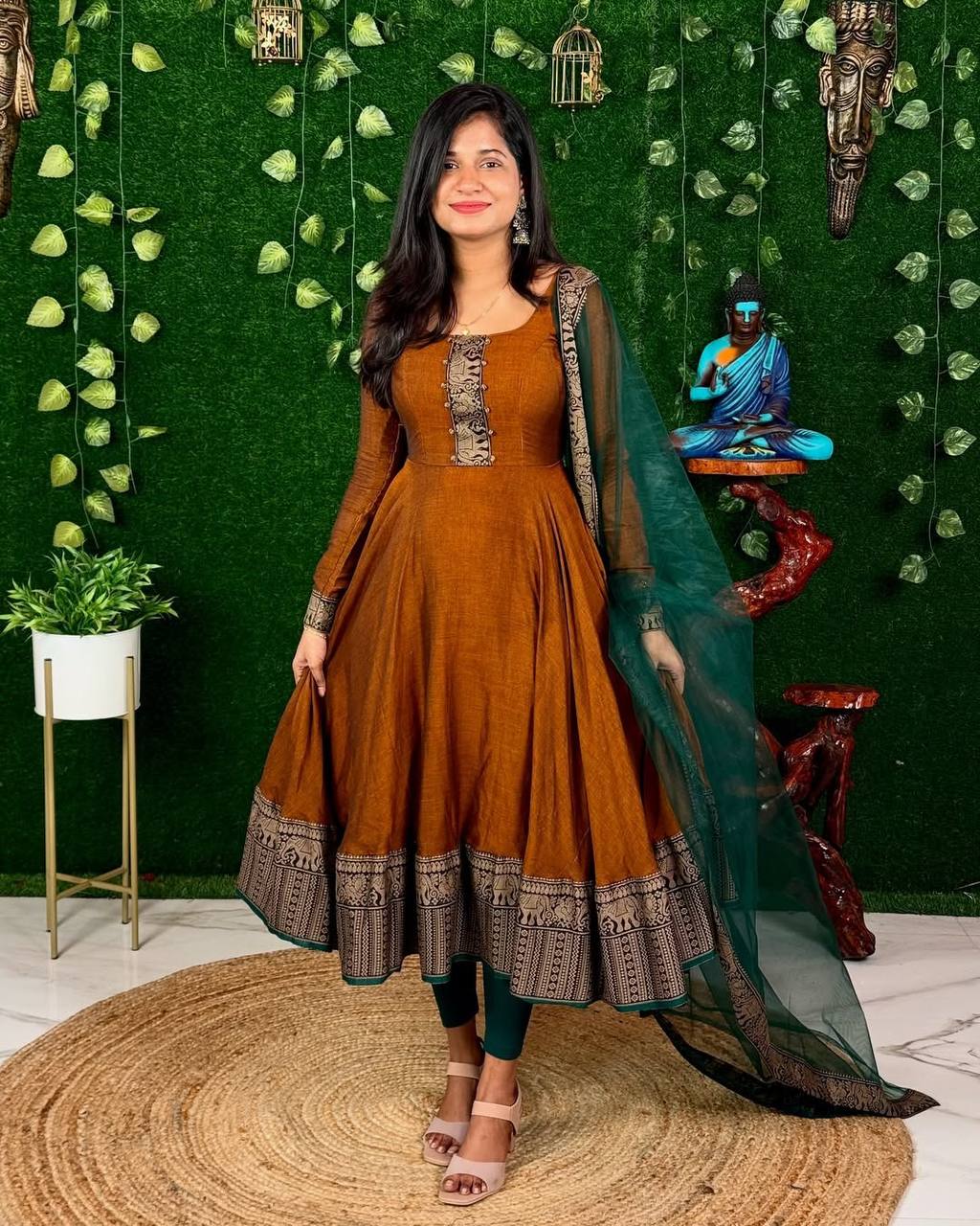 Festive Cotton Blend Gown with Net Dupatta