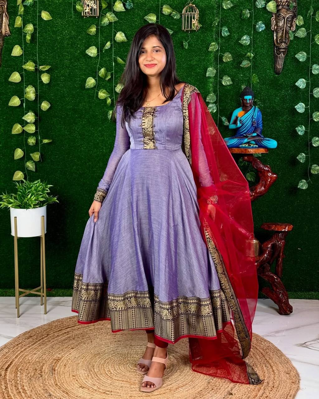Festive Cotton Blend Gown with Net Dupatta