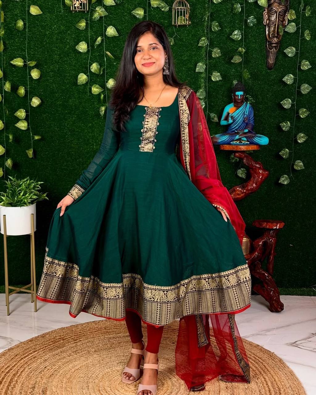 Festive Cotton Blend Gown with Net Dupatta