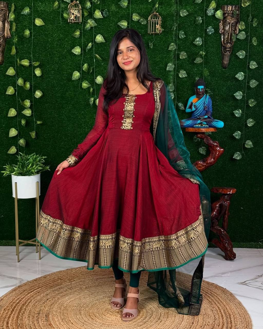Festive Cotton Blend Gown with Net Dupatta