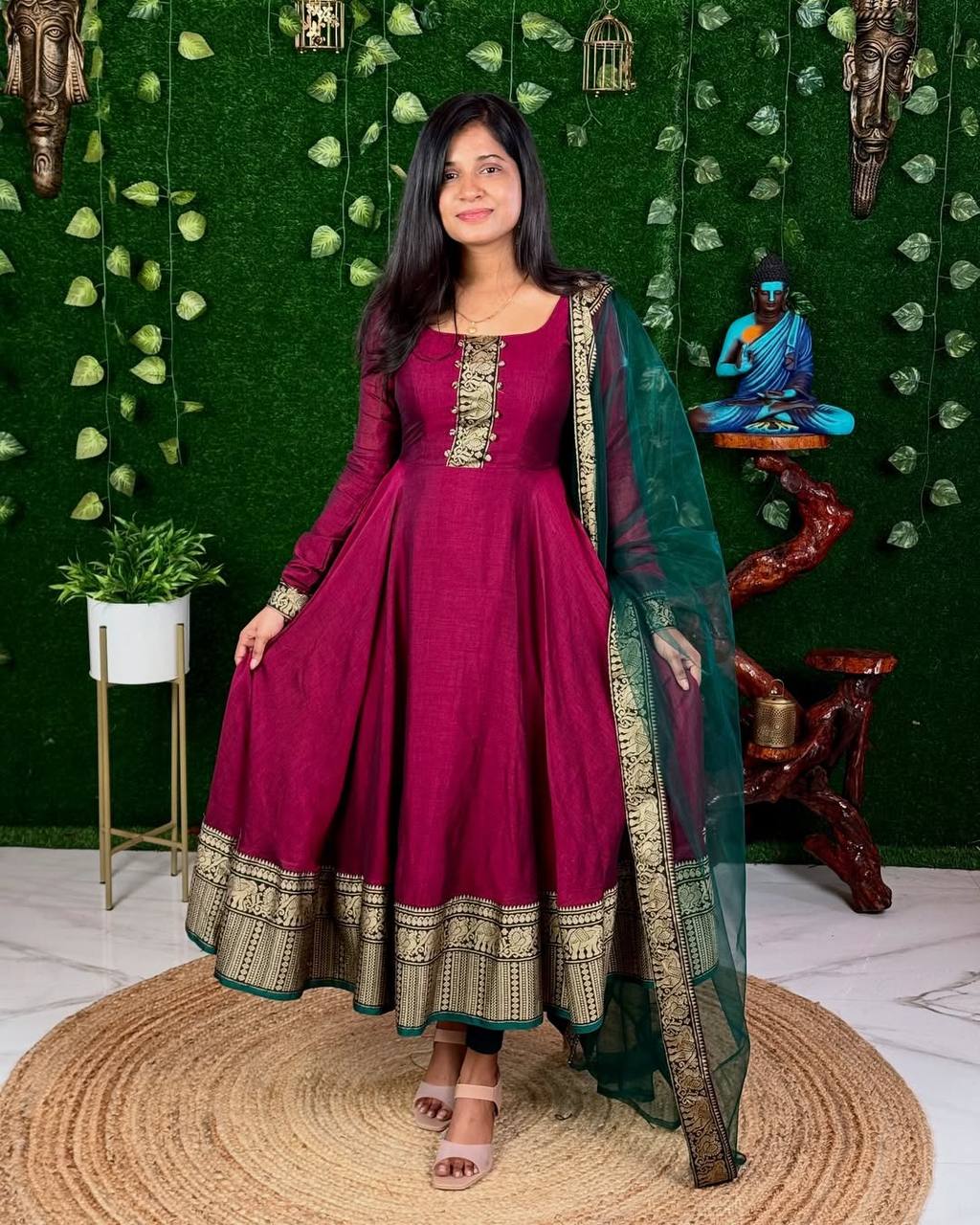 Festive Cotton Blend Gown with Net Dupatta
