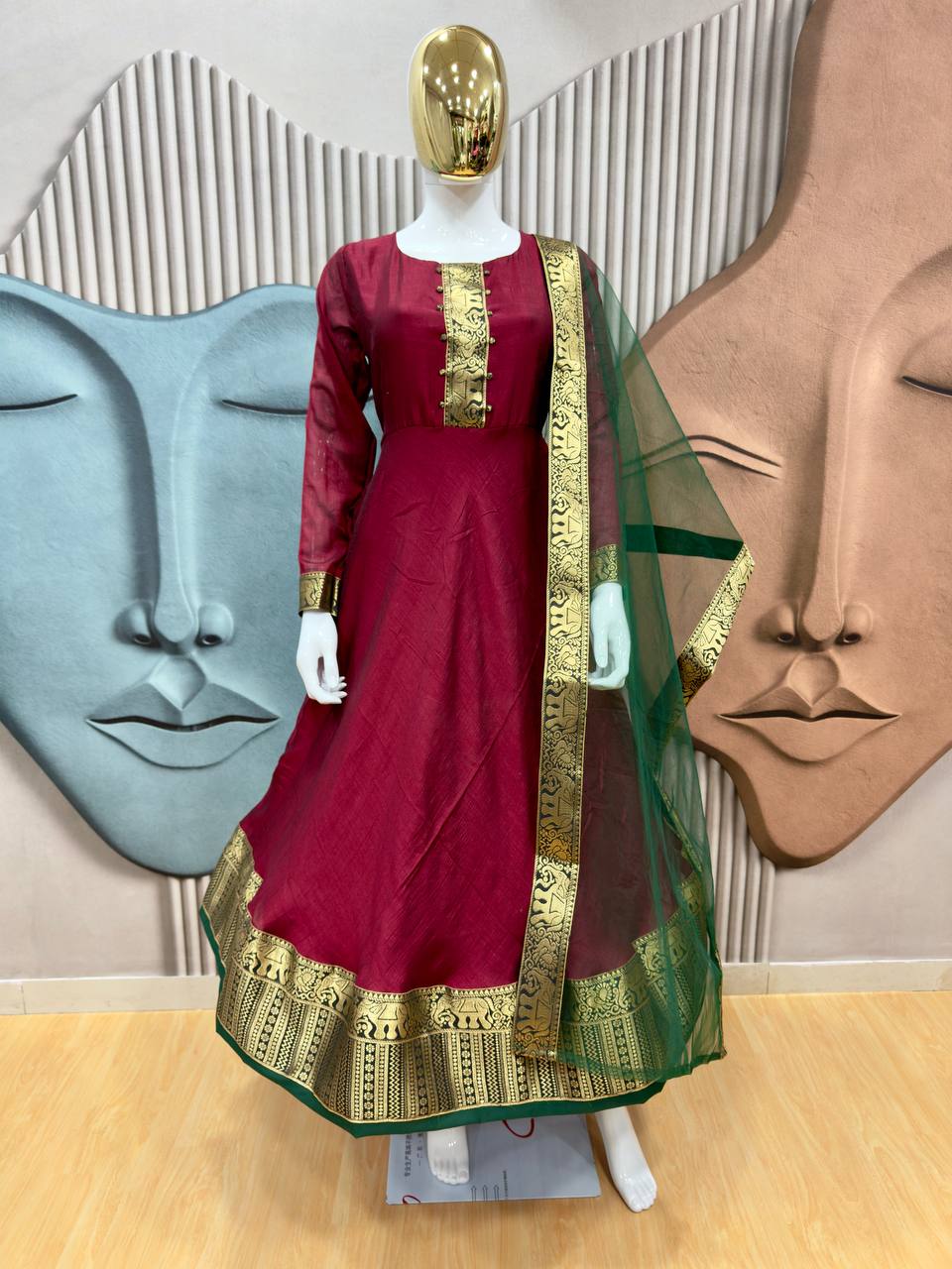 Festive Cotton Blend Gown with Net Dupatta