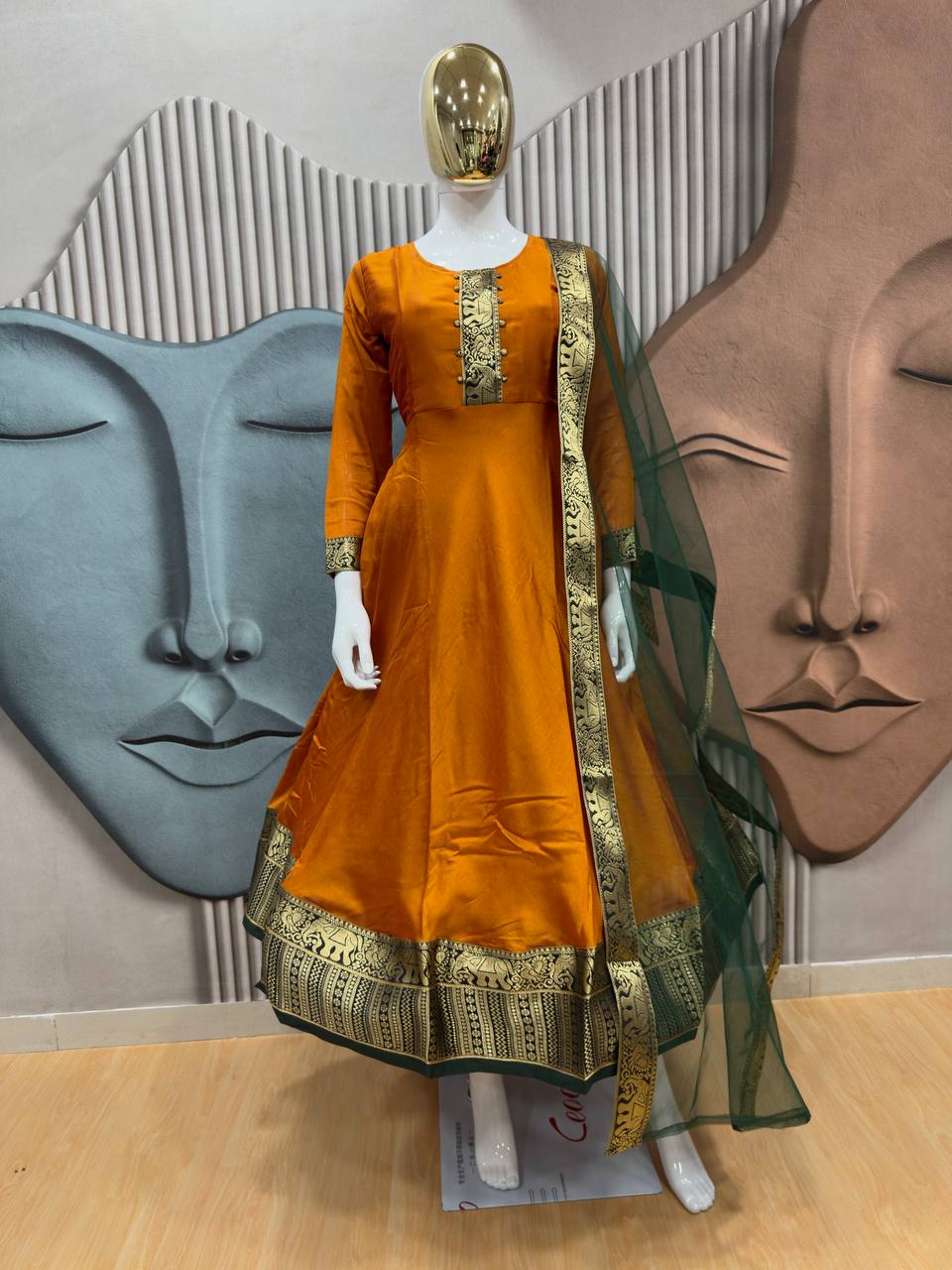 Festive Cotton Blend Gown with Net Dupatta