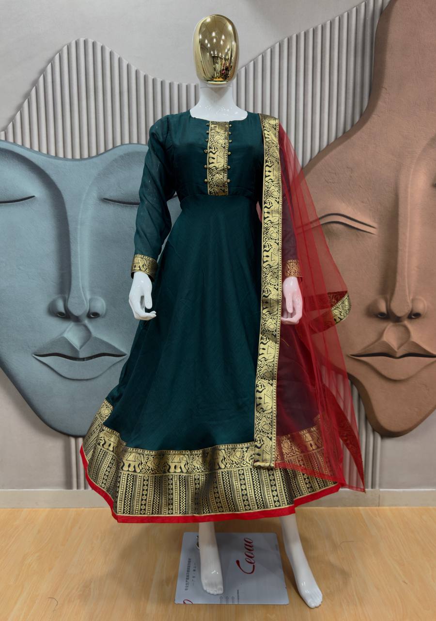 Festive Cotton Blend Gown with Net Dupatta