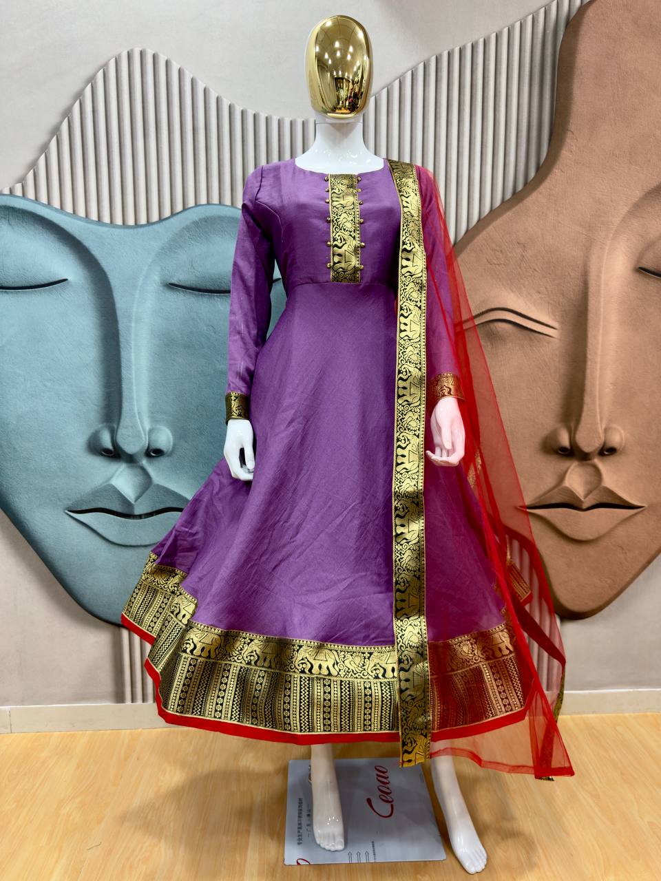 Festive Cotton Blend Gown with Net Dupatta