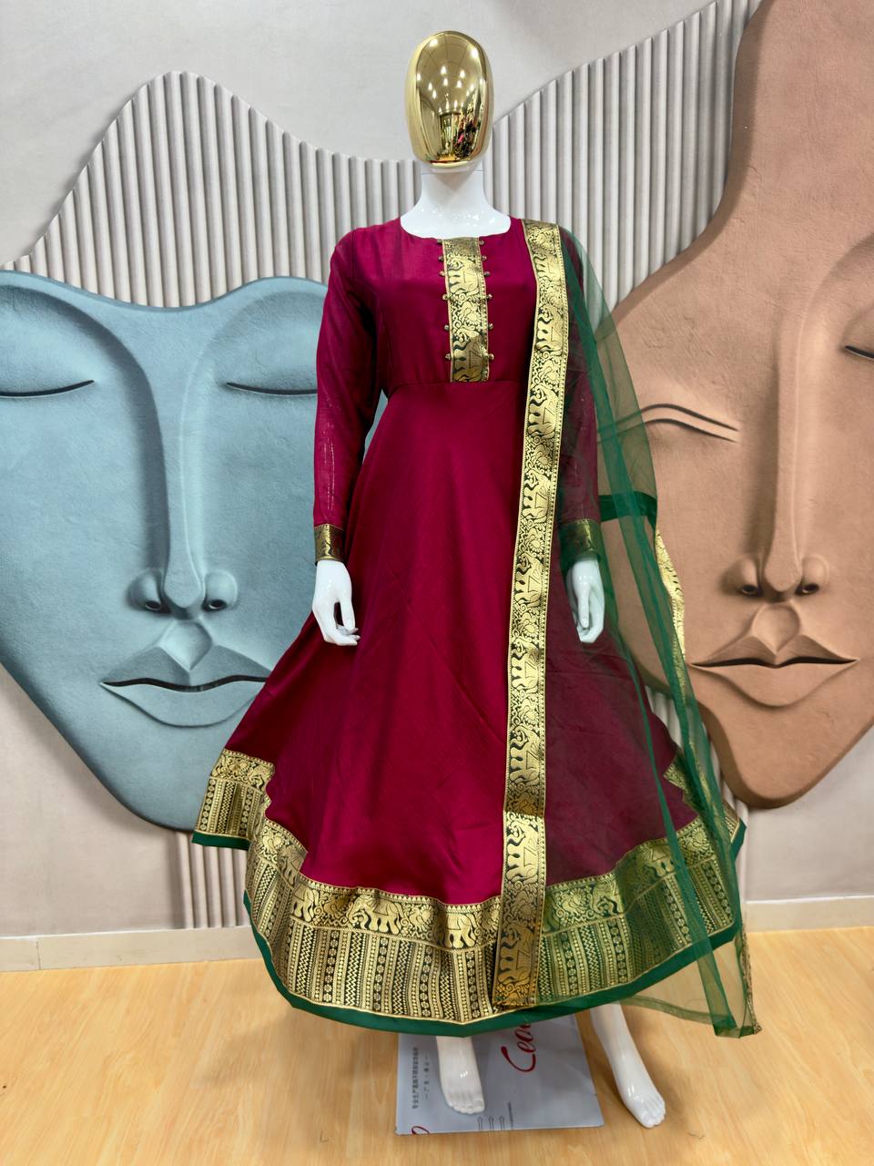 Festive Cotton Blend Gown with Net Dupatta