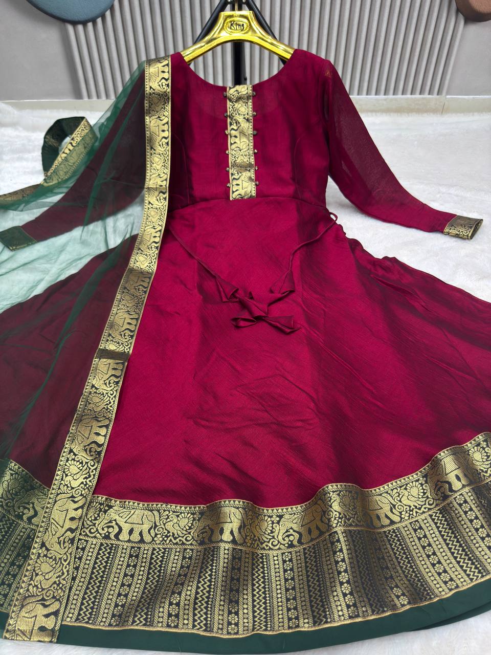 Festive Cotton Blend Gown with Net Dupatta