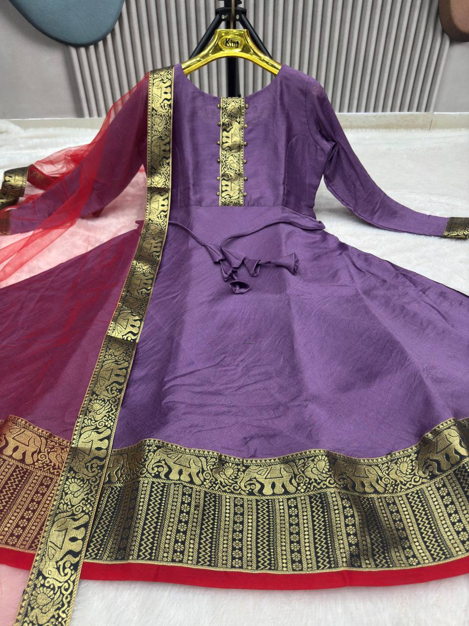 Festive Cotton Blend Gown with Net Dupatta