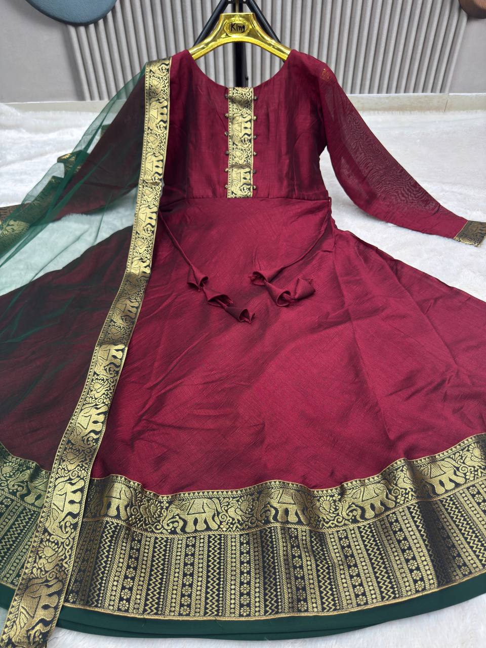 Festive Cotton Blend Gown with Net Dupatta