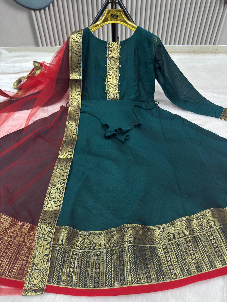 Festive Cotton Blend Gown with Net Dupatta