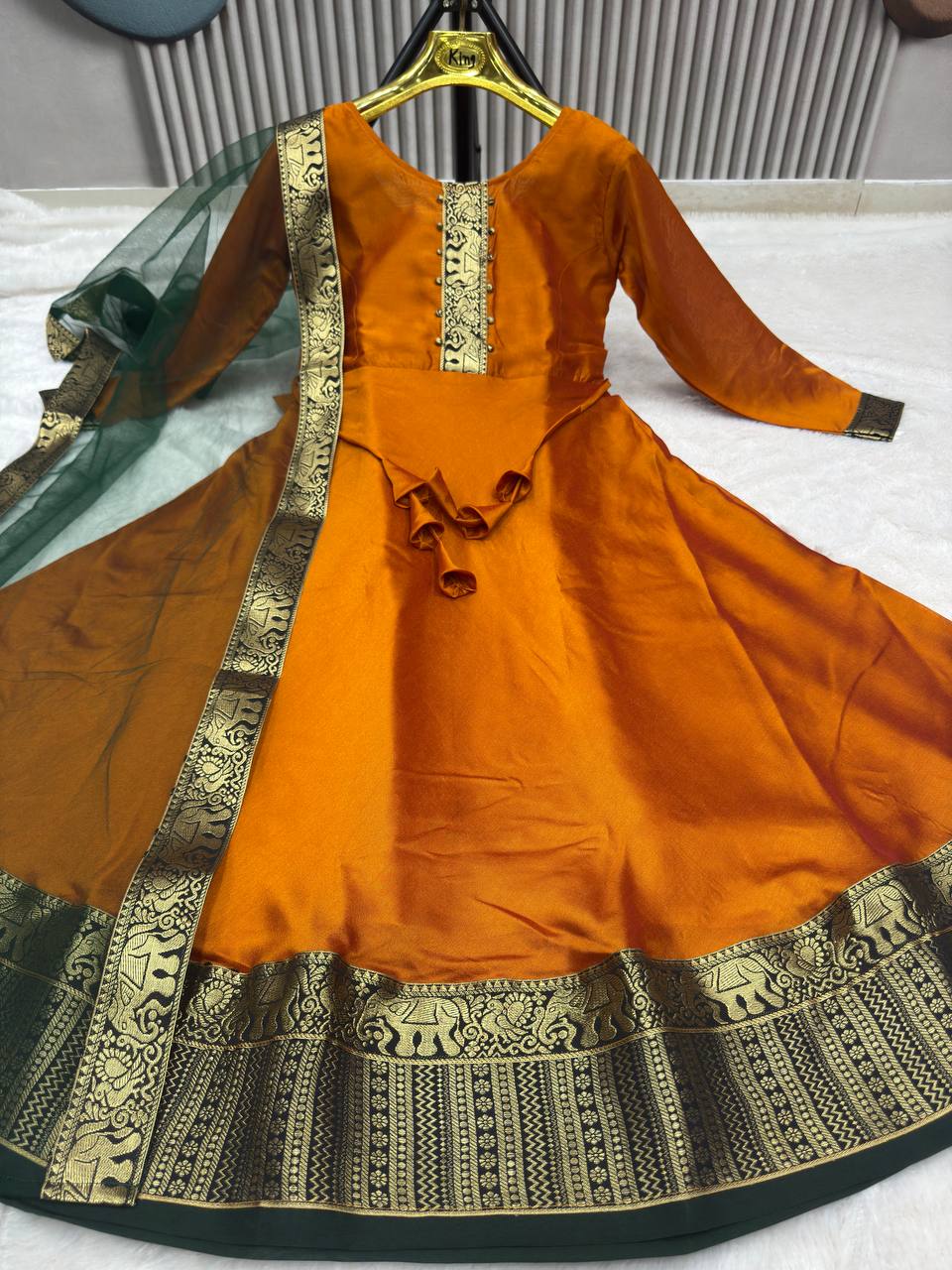 Festive Cotton Blend Gown with Net Dupatta
